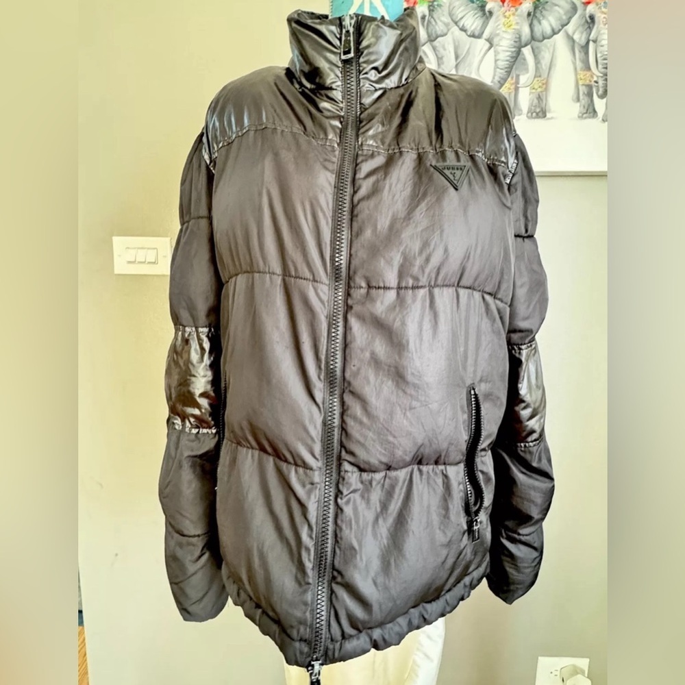 Guess Jacket Womens XL Black Goose Down Puffer Softshell Full Zip Long Sleeve
